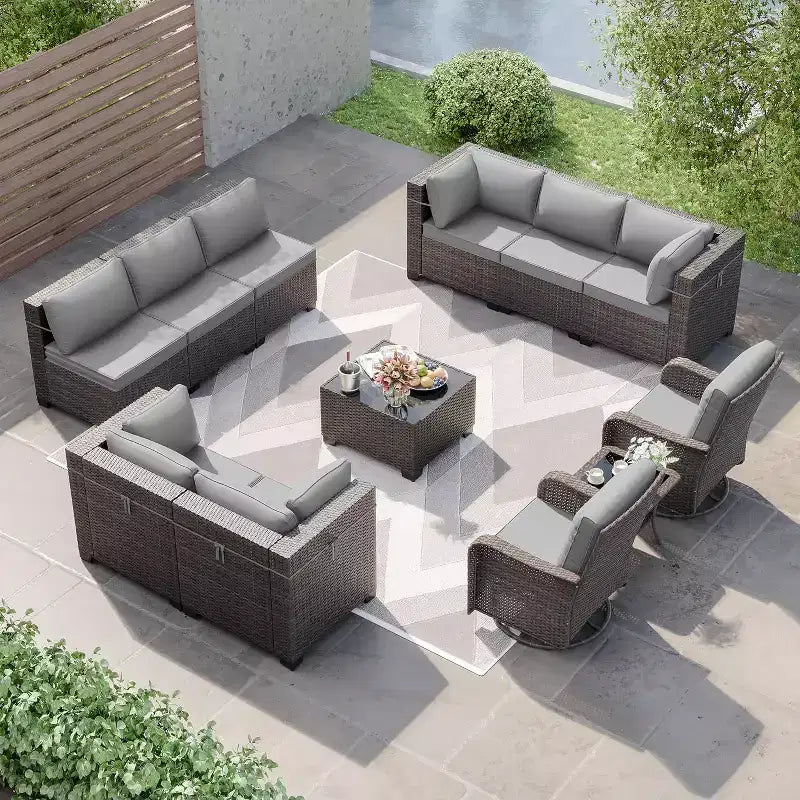 ALAULM Ensemble de mobilier de jardin 12 pièces, canapé en rotin et osier, salons de conversation d'extérieur avec fauteuils pivotants à bascule et canapé sectionnel