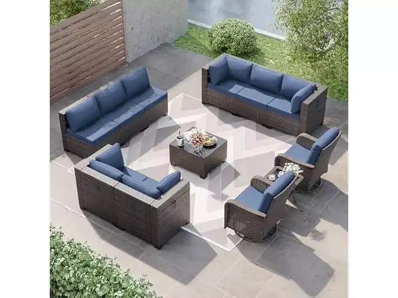 ALAULM Ensemble de mobilier de jardin 12 pièces, canapé en rotin et osier, salons de conversation d'extérieur avec fauteuils pivotants à bascule et canapé sectionnel