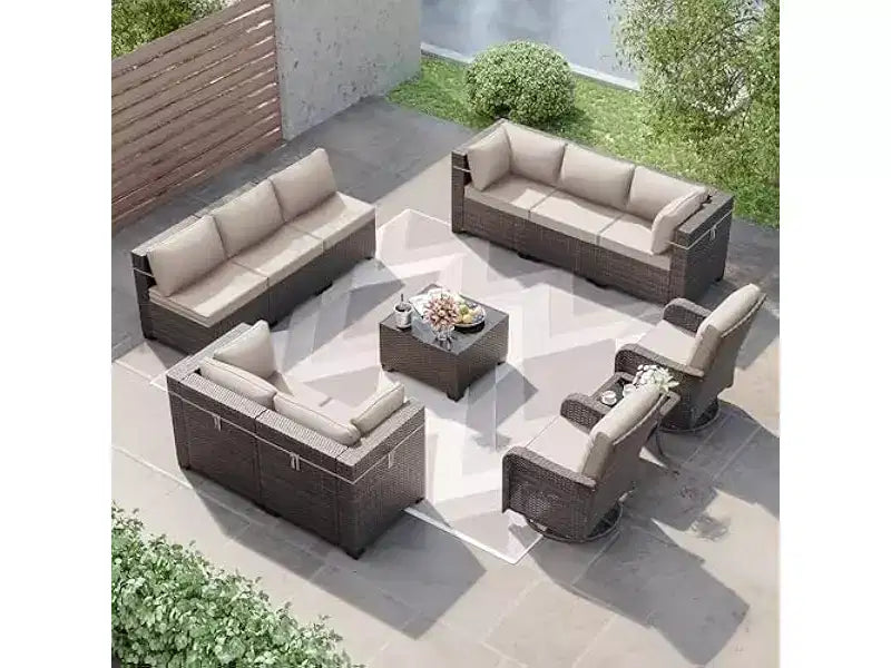 ALAULM Ensemble de mobilier de jardin 12 pièces, canapé en rotin et osier, salons de conversation d'extérieur avec fauteuils pivotants à bascule et canapé sectionnel