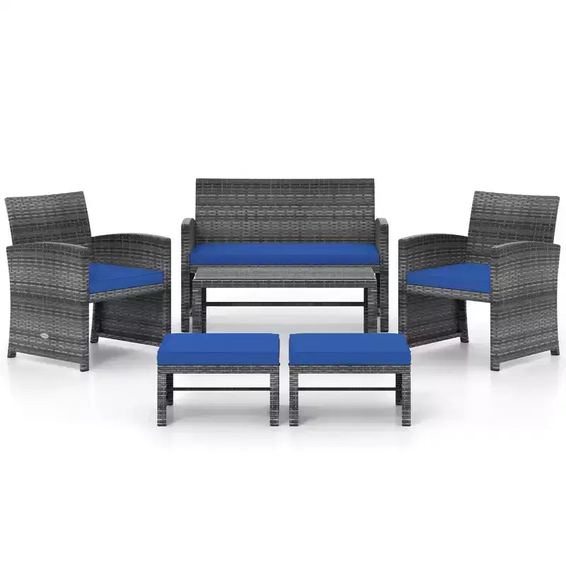 Ensemble de mobilier de patio Costway 6 pièces, salon sectionnel d'extérieur en rotin PE Noir/Gris/Bleu marine/Rouge/Blanc/Turquoise