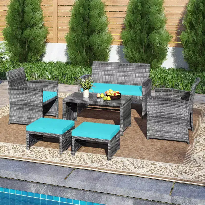 Ensemble de mobilier de patio Costway 6 pièces, salon sectionnel d'extérieur en rotin PE Noir/Gris/Bleu marine/Rouge/Blanc/Turquoise