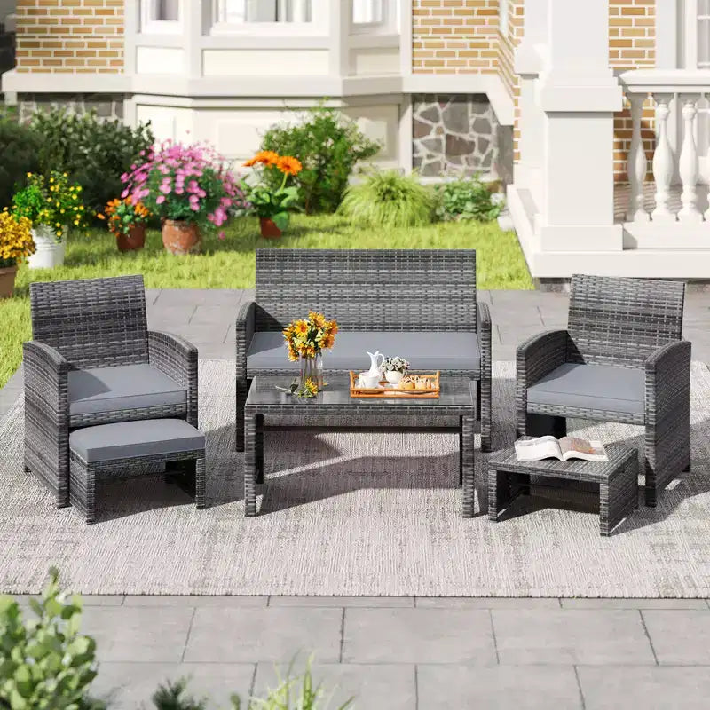 Ensemble de mobilier de patio Costway 6 pièces, salon sectionnel d'extérieur en rotin PE Noir/Gris/Bleu marine/Rouge/Blanc/Turquoise