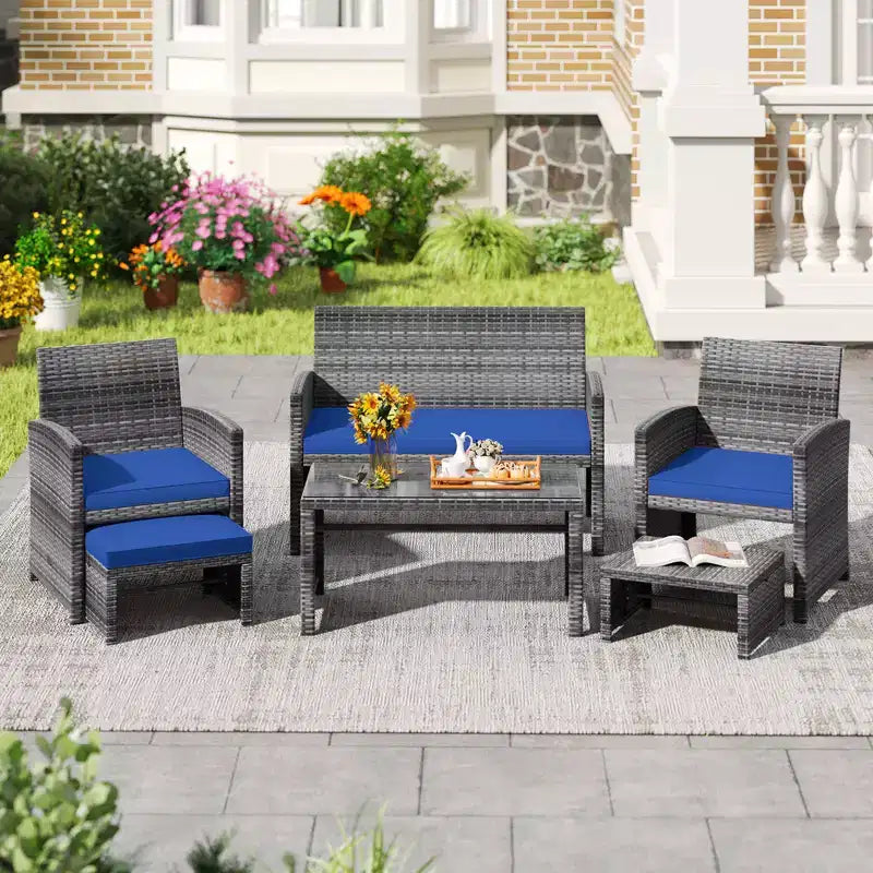 Ensemble de mobilier de patio Costway 6 pièces, salon sectionnel d'extérieur en rotin PE Noir/Gris/Bleu marine/Rouge/Blanc/Turquoise