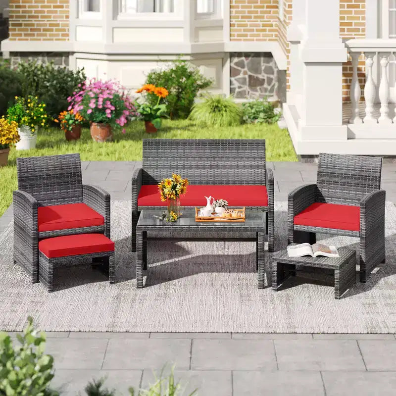 Ensemble de mobilier de patio Costway 6 pièces, salon sectionnel d'extérieur en rotin PE Noir/Gris/Bleu marine/Rouge/Blanc/Turquoise