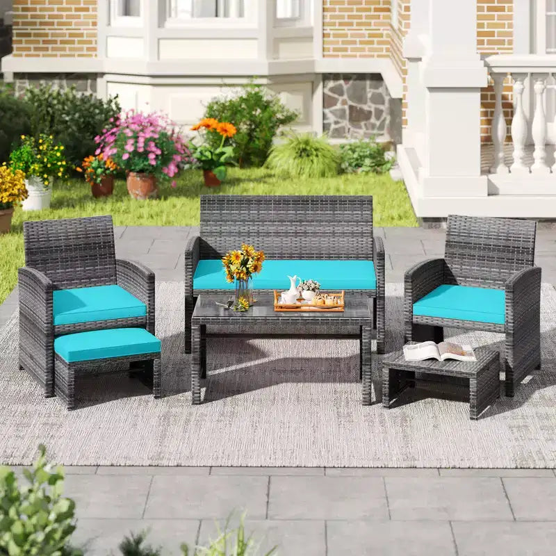 Ensemble de mobilier de patio Costway 6 pièces, salon sectionnel d'extérieur en rotin PE Noir/Gris/Bleu marine/Rouge/Blanc/Turquoise