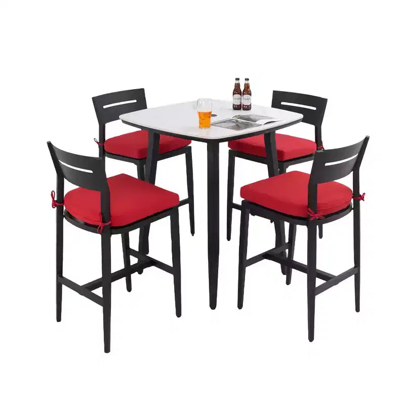 Ensemble de bar 5 pièces pour terrasse/jardin, table carrée arrondie de 90 cm en pierre frittée et 4 tabourets de bar en aluminium, plateau effet marbre, coussin Sunbrella
