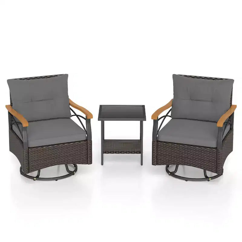 Costway Ensemble 3 pièces de chaises pivotantes d'extérieur avec table d'appoint à 2 niveaux en verre trempé Coussins Gris/Blanc