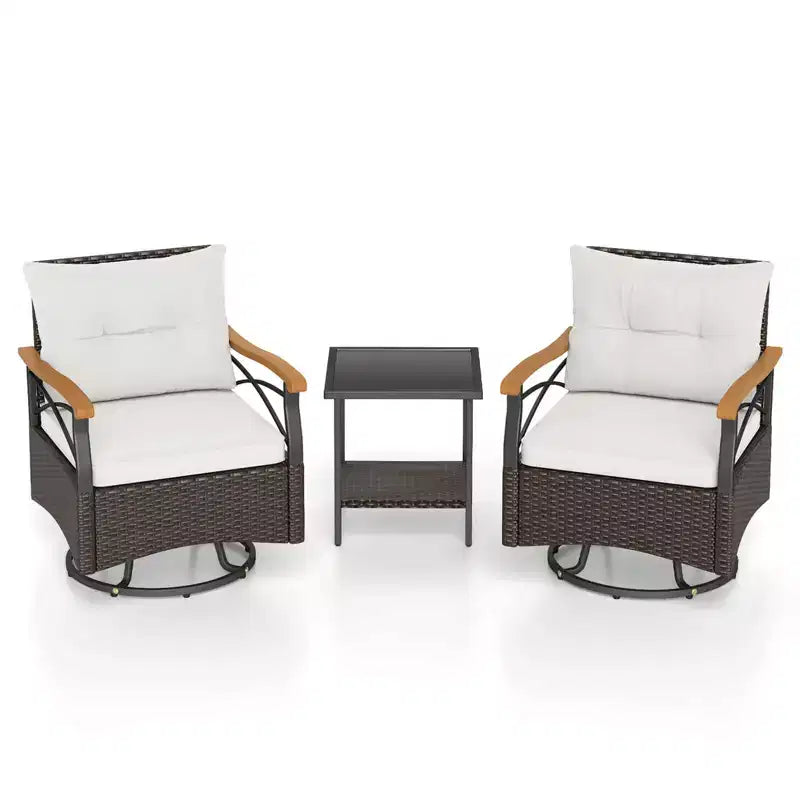 Costway Ensemble 3 pièces de chaises pivotantes d'extérieur avec table d'appoint à 2 niveaux en verre trempé Coussins Gris/Blanc