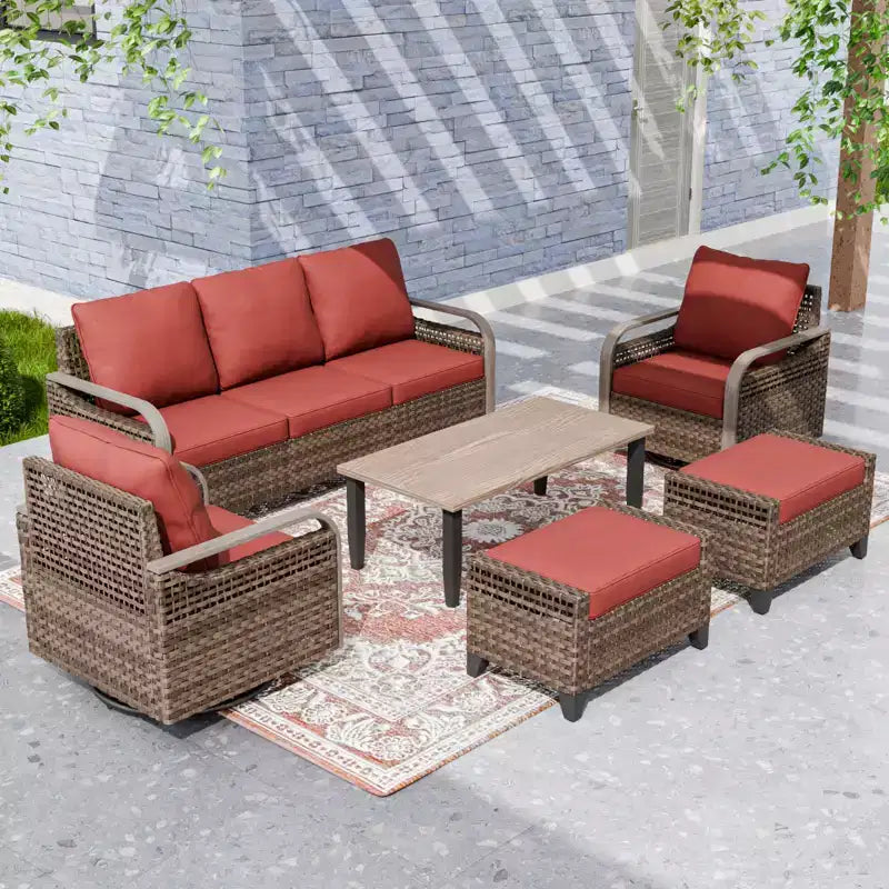 EAGLE PEAK Salon de conversation extérieur en osier, 2 fauteuils pivotants à bascule, canapé 3 places, 2 poufs et table basse, 6 pièces