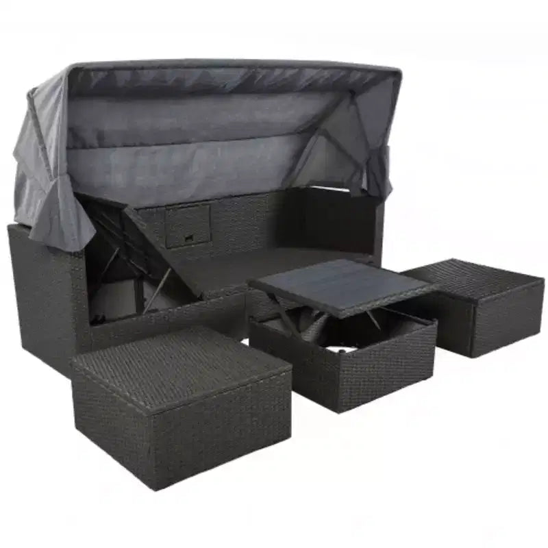 Lit de repos rectangulaire pour patio extérieur avec auvent rétractable, canapé d'angle en osier avec coussins lavables, pour jardin, porche