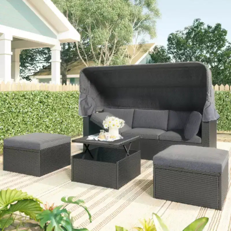 Lit de repos rectangulaire pour patio extérieur avec auvent rétractable, canapé d'angle en osier avec coussins lavables, pour jardin, porche