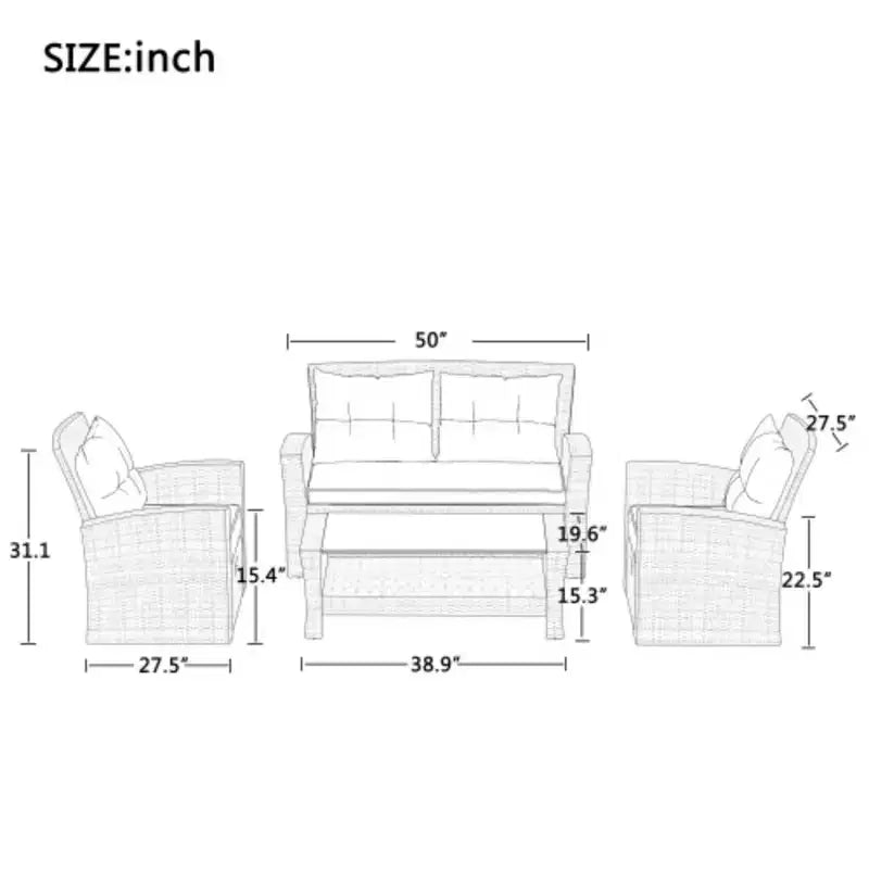 Ensemble de meubles de patio, ensemble de conversation d'extérieur 4 pièces avec canapé modulable en osier toutes saisons, pouf et coussins
