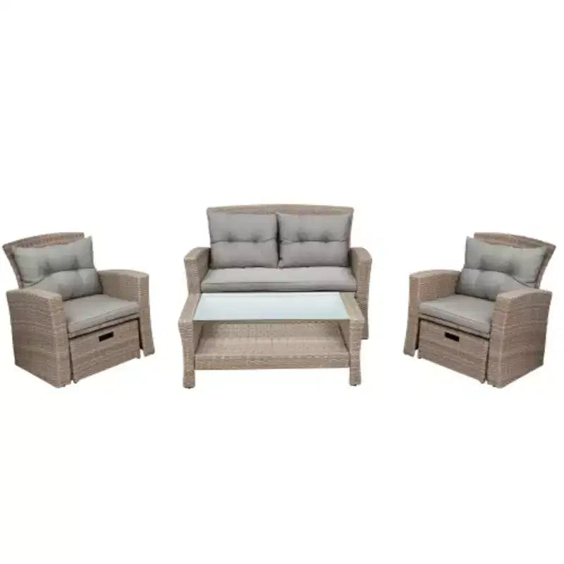 Ensemble de meubles de patio, ensemble de conversation d'extérieur 4 pièces avec canapé modulable en osier toutes saisons, pouf et coussins