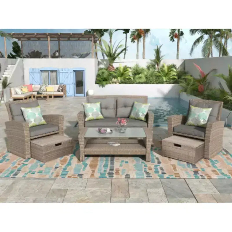 Ensemble de meubles de patio, ensemble de conversation d'extérieur 4 pièces avec canapé modulable en osier toutes saisons, pouf et coussins
