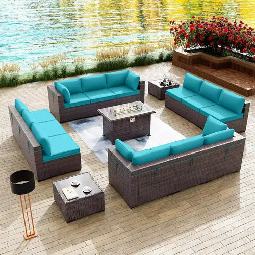 ALAULM 15PCS Patio Furniture Sets, Wicker Rattan Outdoor Conversation Set w/Fire Pit Table