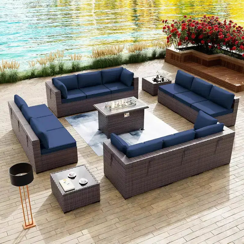 ALAULM Ensemble de Meubles de Jardin 15 Pièces, Salon de Jardin en Rotin et Osier pour l'Extérieur avec Table Brasero