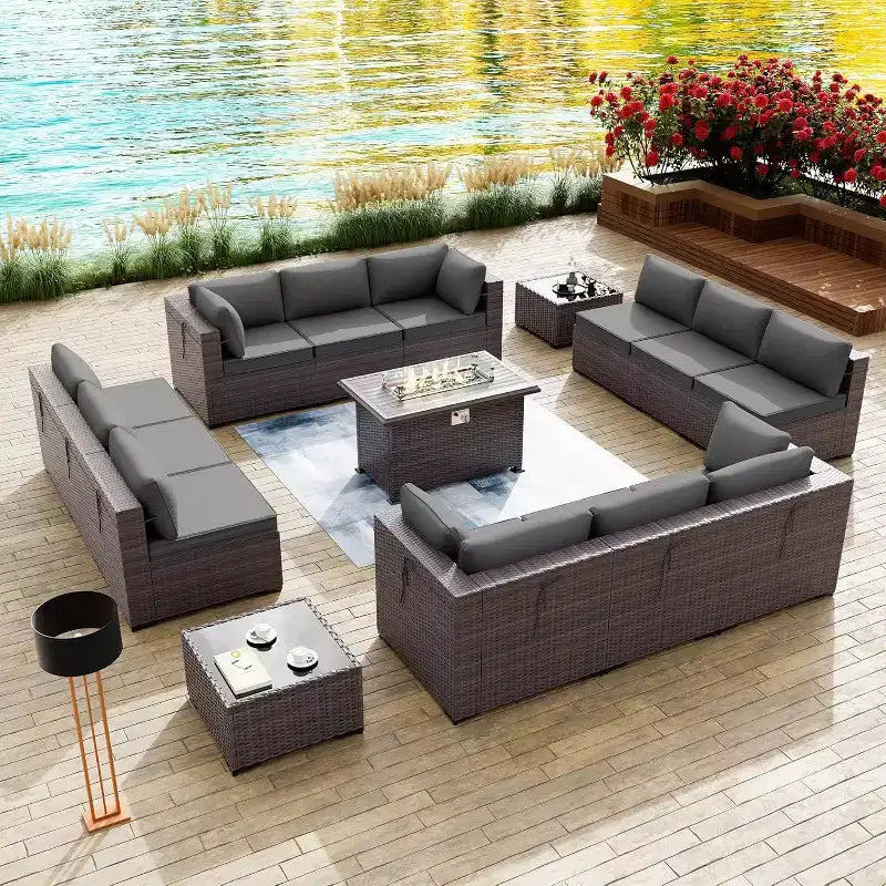 ALAULM Ensemble de Meubles de Jardin 15 Pièces, Salon de Jardin en Rotin et Osier pour l'Extérieur avec Table Brasero