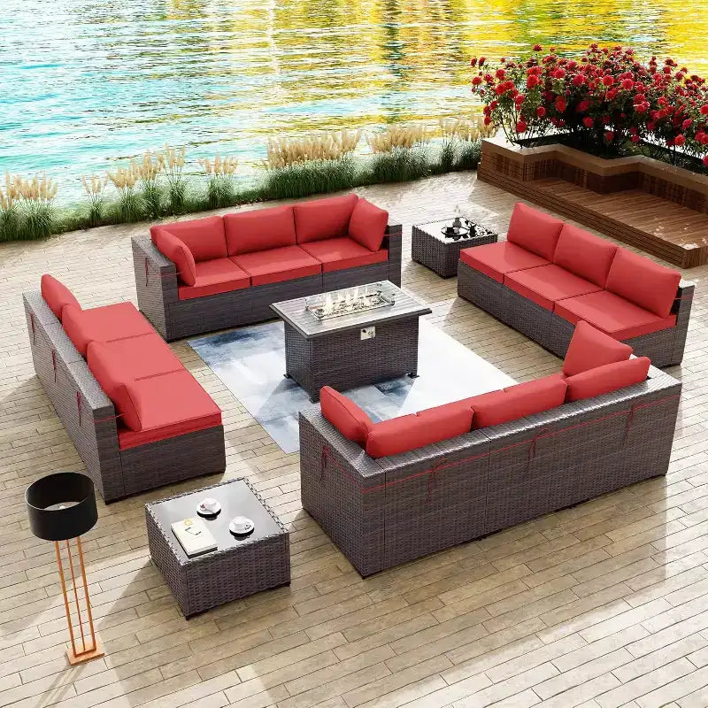 ALAULM Ensemble de Meubles de Jardin 15 Pièces, Salon de Jardin en Rotin et Osier pour l'Extérieur avec Table Brasero