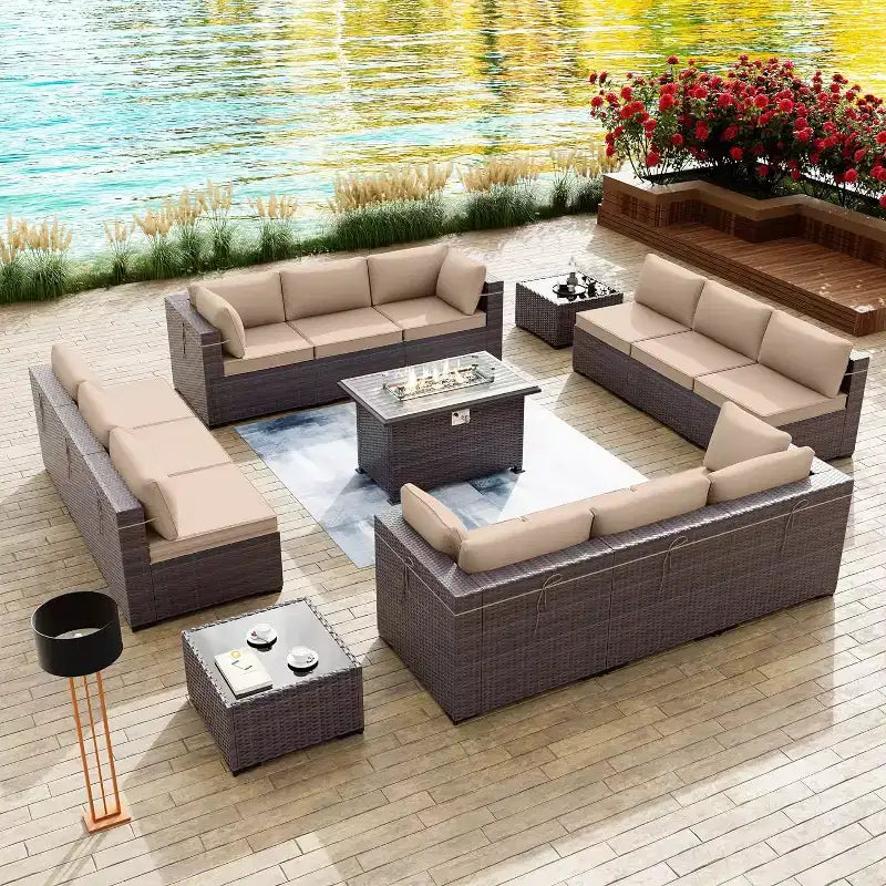 ALAULM Ensemble de Meubles de Jardin 15 Pièces, Salon de Jardin en Rotin et Osier pour l'Extérieur avec Table Brasero