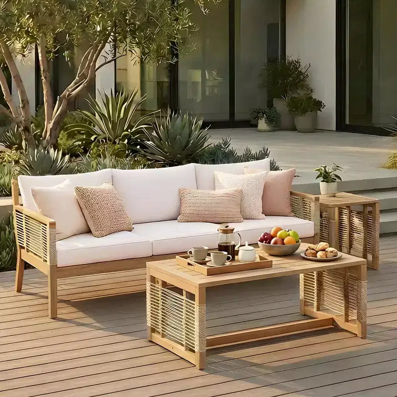 Ensemble de canapés de patio en bois d'acacia Whisen 5 pièces, ensemble de conversation d'extérieur avec canapé 3 places, 2 chaises et 2 tables basses