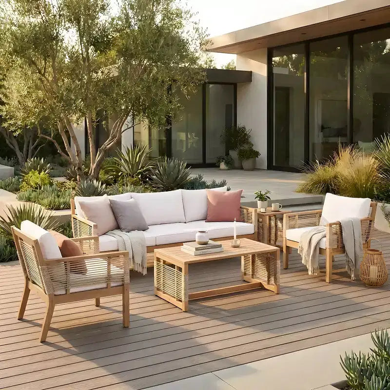 Ensemble de canapés de patio en bois d'acacia Whisen 5 pièces, ensemble de conversation d'extérieur avec canapé 3 places, 2 chaises et 2 tables basses