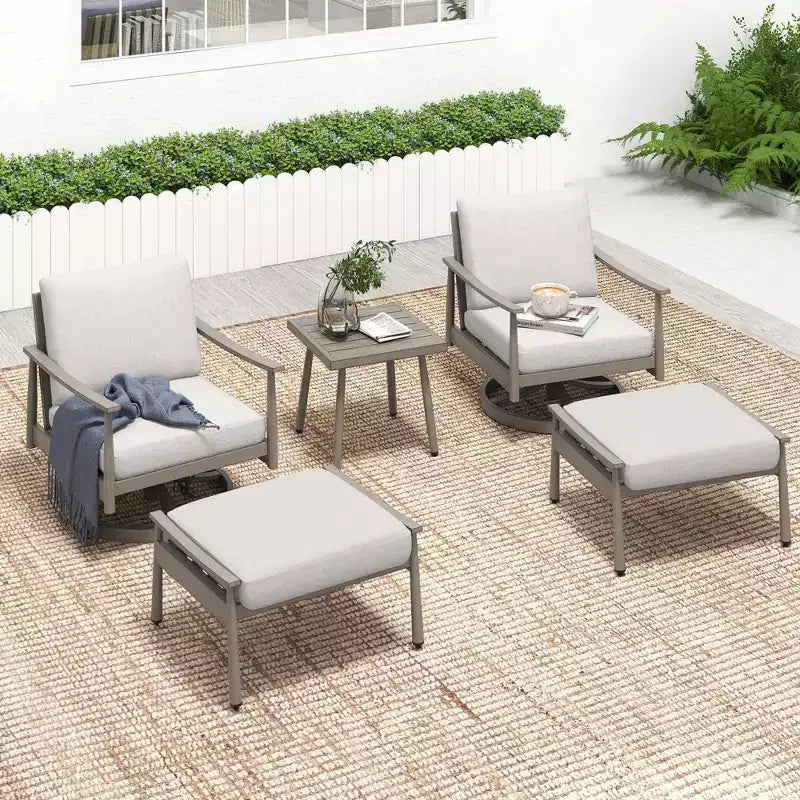 HAPPATIO Ensemble de Meubles d'Extérieur en Aluminium, Ensemble de Meubles de Patio 5 Pièces, 1 Table d'Appoint, 2 Chaises Pivotantes et Ottomans avec Coussins pour Jardin, Terrasse, Bord de Piscine