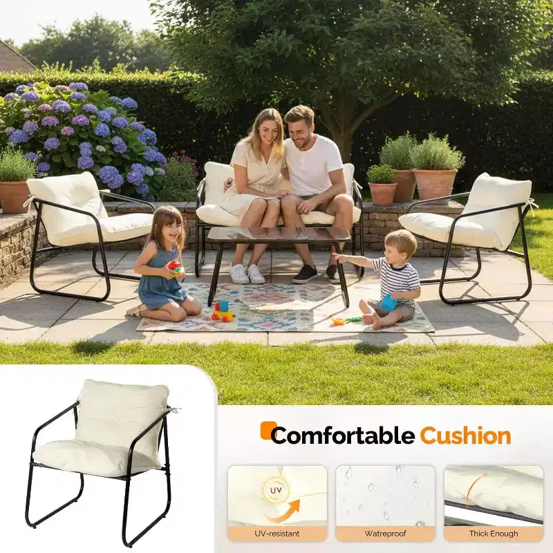 VINGLI Ensemble de conversation de patio 4 pièces, mobilier d'extérieur avec table basse en verre et coussin confortable, blanc