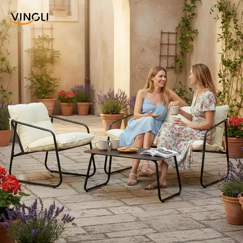VINGLI Ensemble de conversation de patio 4 pièces, mobilier d'extérieur avec table basse en verre et coussin confortable, blanc