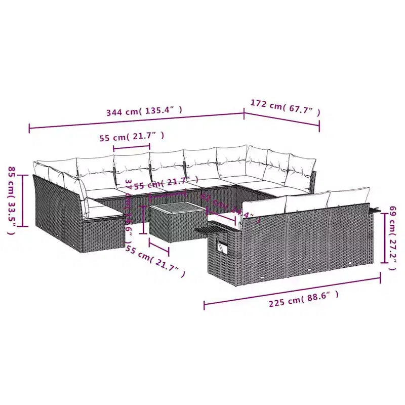 vidaXL Salon de jardin 14 pcs avec coussins Noir Résine tressée