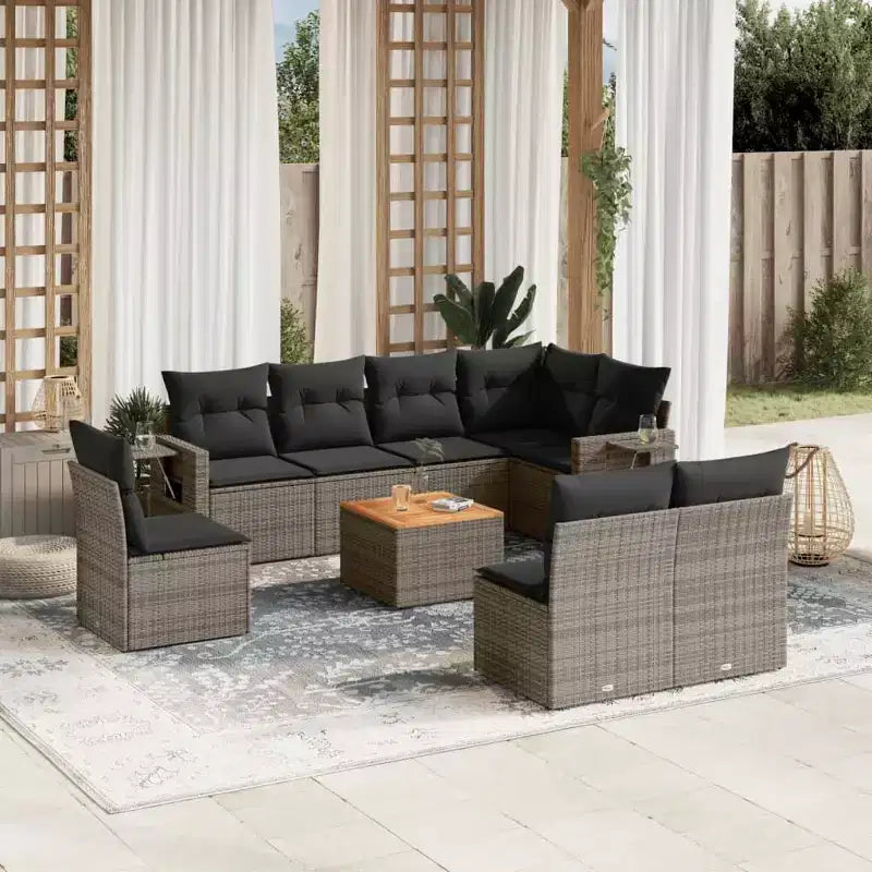 vidaXL Salon de jardin 9 pièces avec coussins Gris Résine tressée