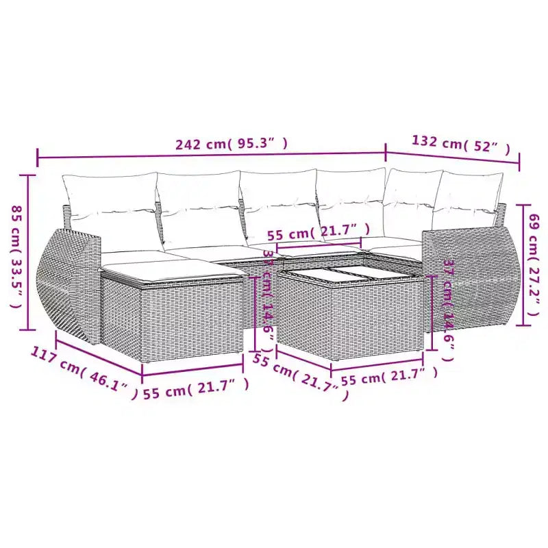 vidaXL Salon de jardin 7 pièces avec coussins, résine tressée gris