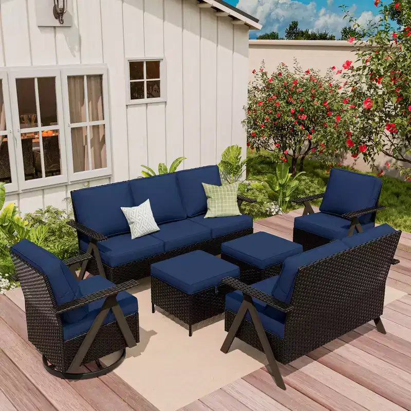 Ensemble de sièges d'extérieur UPTIOT Premium : canapé 3 places, double méridienne, 2 poufs et 2 fauteuils pivotants pour un confort optimal sur votre terrasse.
