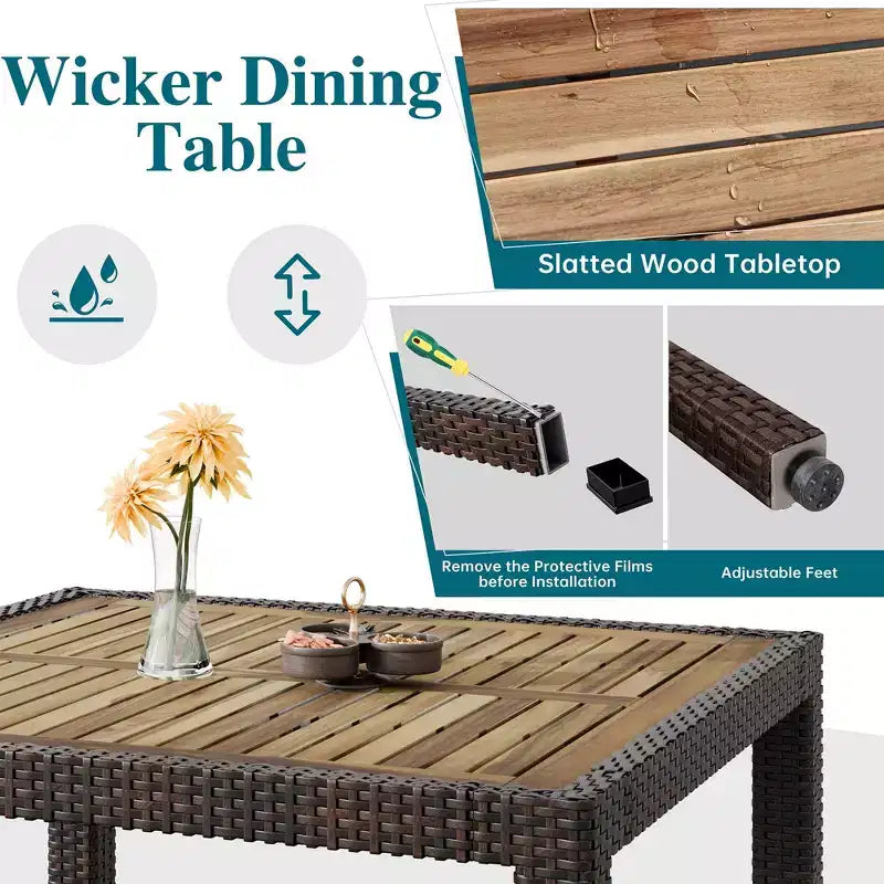 Celebalcony Ensemble de salle à manger de 5 pièces pour patio, ensemble de conversation en osier avec plateau de table en bois, table et chaises d'extérieur avec coussins pour jardin