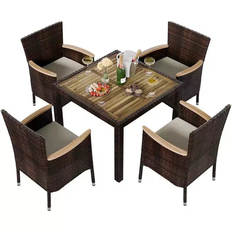 Celebalcony Ensemble de salle à manger de 5 pièces pour patio, ensemble de conversation en osier avec plateau de table en bois, table et chaises d'extérieur avec coussins pour jardin