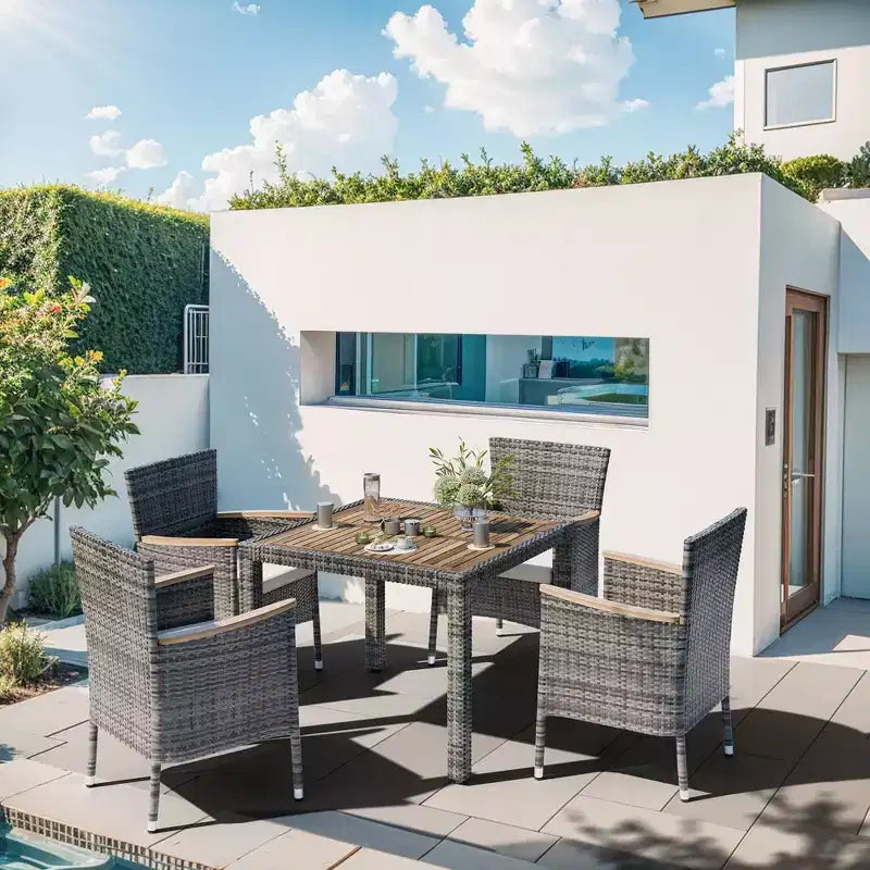 Celebalcony Ensemble de salle à manger de 5 pièces pour patio, ensemble de conversation en osier avec plateau de table en bois, table et chaises d'extérieur avec coussins pour jardin