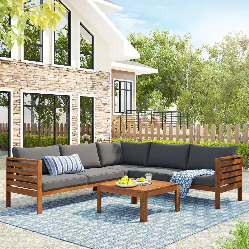GDFStudio Xavier Salon de jardin modulaire japonais 4 pièces en bois d'acacia avec table basse et coussins