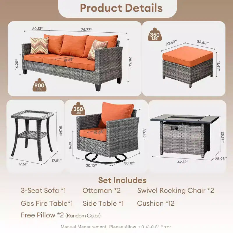 Ensemble de 7 pièces HOMLUX avec chaises pivotantes et table brasero, résistant aux intempéries