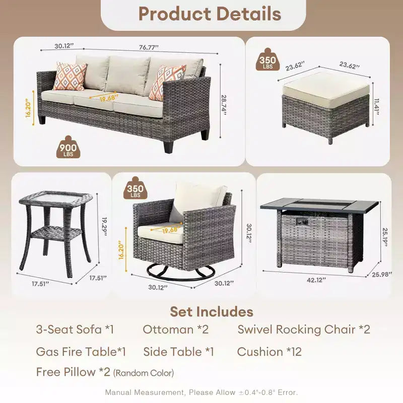 Ensemble de 7 pièces HOMLUX avec chaises pivotantes et table brasero, résistant aux intempéries