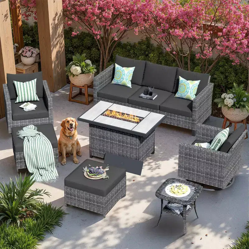 Ensemble de 7 pièces HOMLUX avec chaises pivotantes et table brasero, résistant aux intempéries