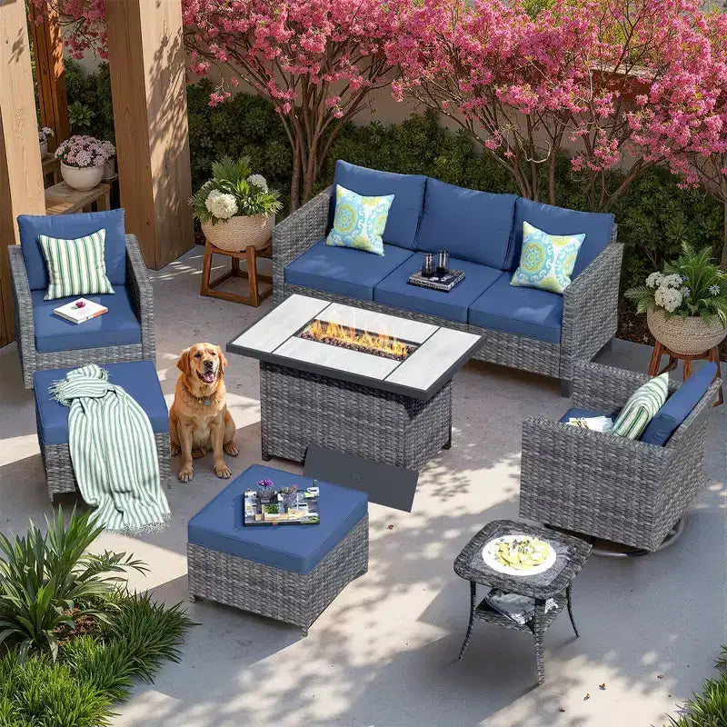 Ensemble de 7 pièces HOMLUX avec chaises pivotantes et table brasero, résistant aux intempéries