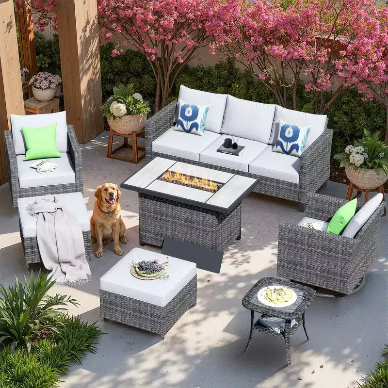 Ensemble de 7 pièces HOMLUX avec chaises pivotantes et table brasero, résistant aux intempéries