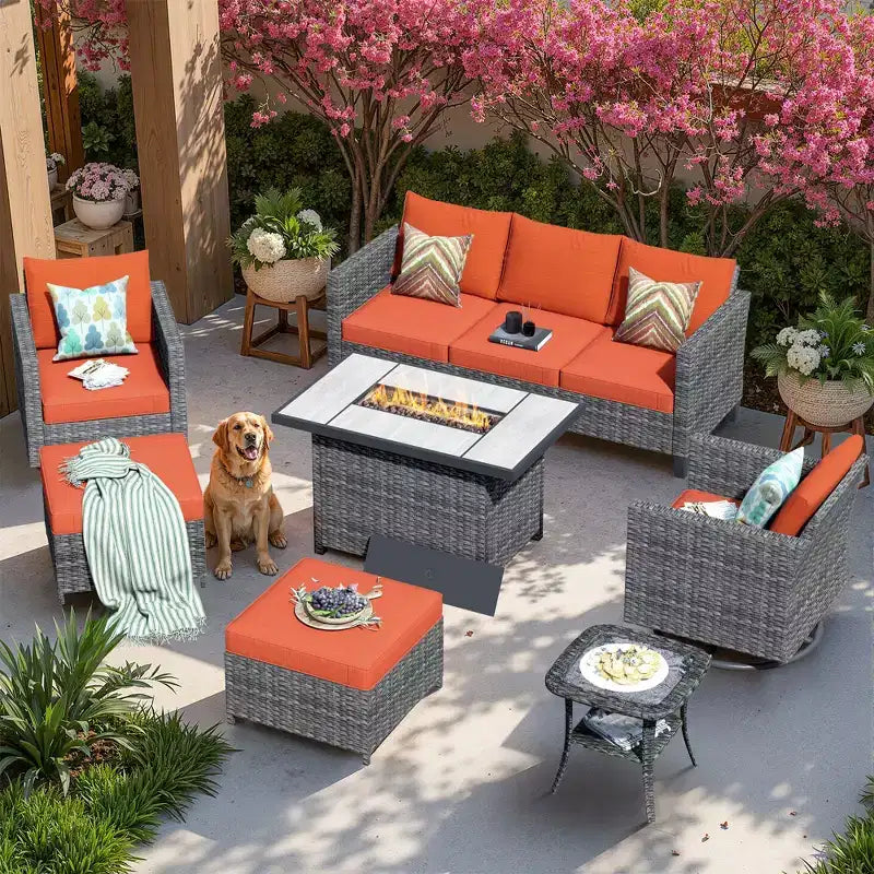 Ensemble de 7 pièces HOMLUX avec chaises pivotantes et table brasero, résistant aux intempéries