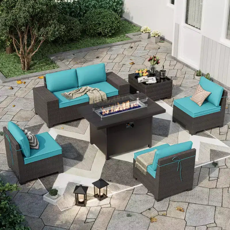ALAULM Salon de jardin 7 pièces, en rotin, pour l'extérieur, avec canapé et table basse avec brasero au propane métallique