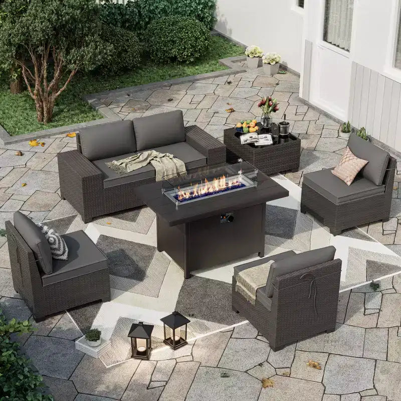ALAULM Salon de jardin 7 pièces, en rotin, pour l'extérieur, avec canapé et table basse avec brasero au propane métallique