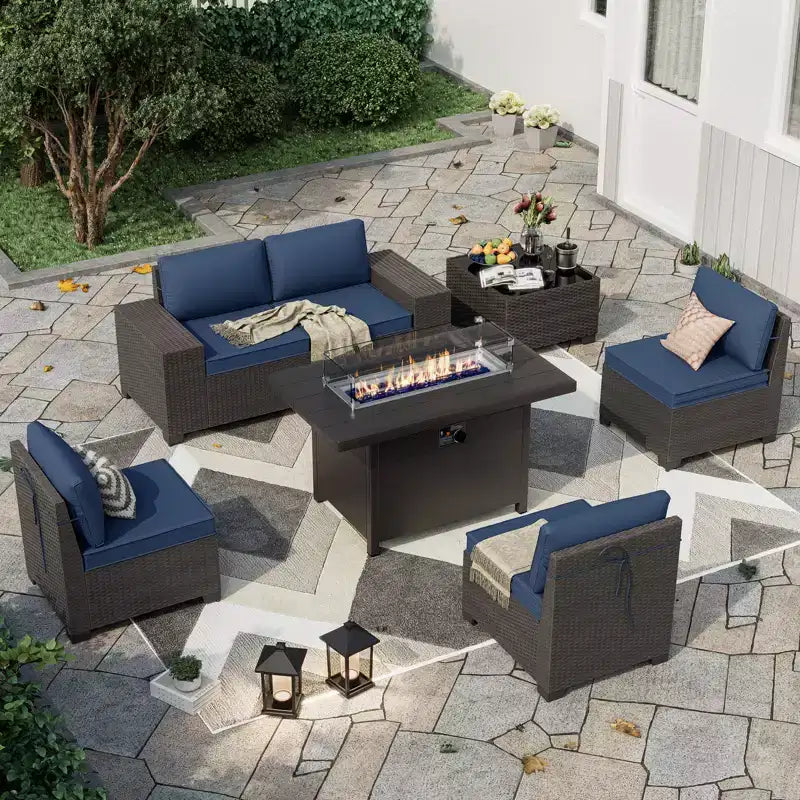 ALAULM Salon de jardin 7 pièces, en rotin, pour l'extérieur, avec canapé et table basse avec brasero au propane métallique
