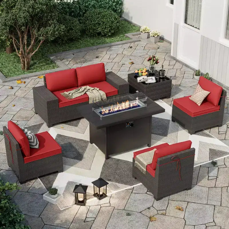 ALAULM Salon de jardin 7 pièces, en rotin, pour l'extérieur, avec canapé et table basse avec brasero au propane métallique