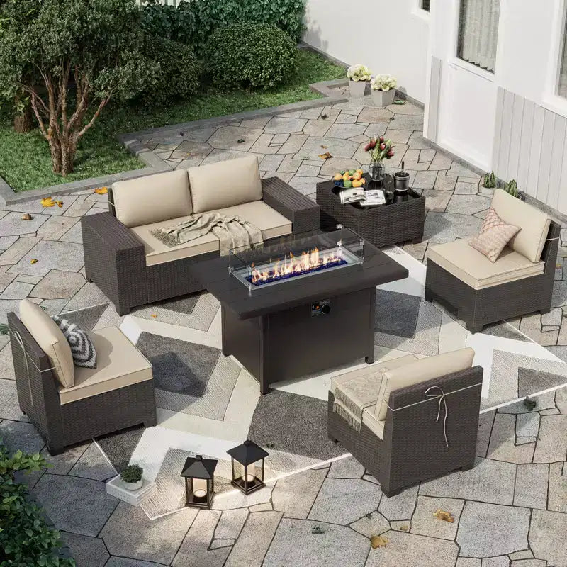 ALAULM Salon de jardin 7 pièces, en rotin, pour l'extérieur, avec canapé et table basse avec brasero au propane métallique
