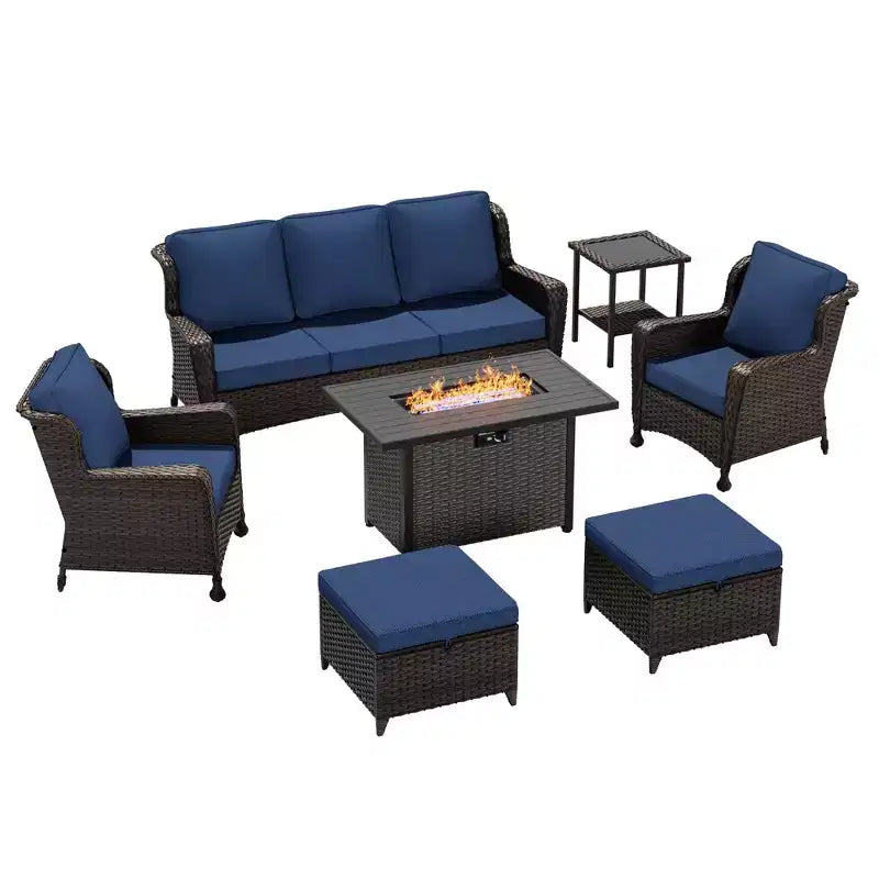Ensemble extérieur UPTIOT : canapé 3 places, fauteuils en osier, table brasero et table d'appoint