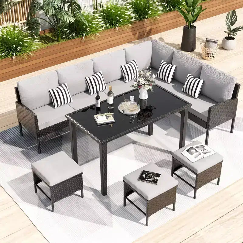 Whisen Patio Salon de Jardin 7 Pièces, Ensemble de Conversation en Rotin pour Jardin avec Coussins Épais et Moelleux