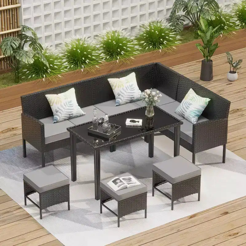 Ensemble de canapé d'extérieur 7 pièces Whisen Patio, ensemble de conversation en rotin pour jardin avec coussins moelleux